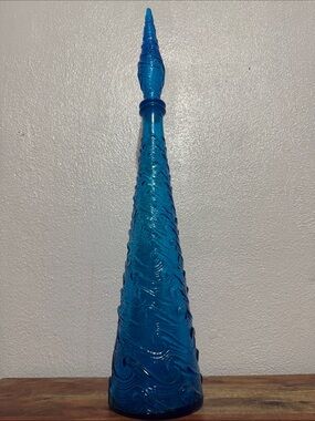 Vintage Italian Empoli Blue Wave MCM Art Glass Genie Bottle Decanter w Stopper